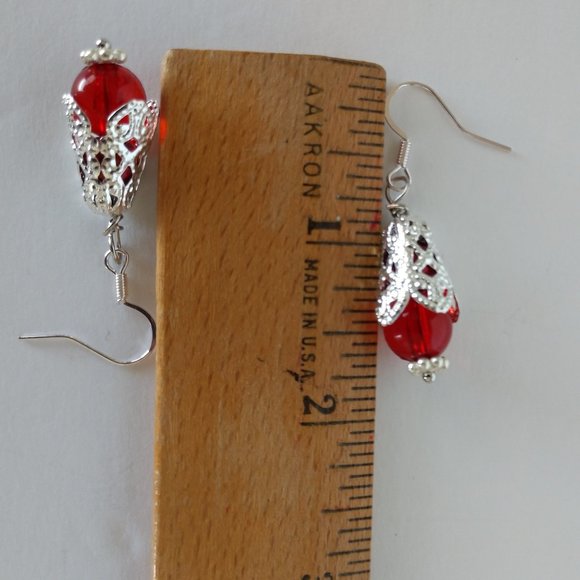 Handmade Red and Silver Filigree Beaded Earrings On Silver Tone Fishhooks 1.75in - Picture 3 of 14